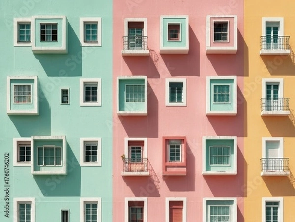 Fototapeta Minimalist Colorful Building Facade with Square Windows and Balconies Modern Architectural Design with Pastel Tones and Geometric Shapes