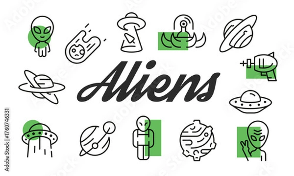 Obraz Aliens poster. Aliens poster design with UFO, Alien, Raygun, Spaceship, and Meteor icons. Simple poster for presentations, covers. Banner template. Vector illustration.