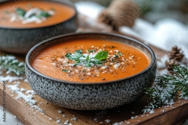 Obraz bowls of roasted tomato soup with herbs and parmesan.