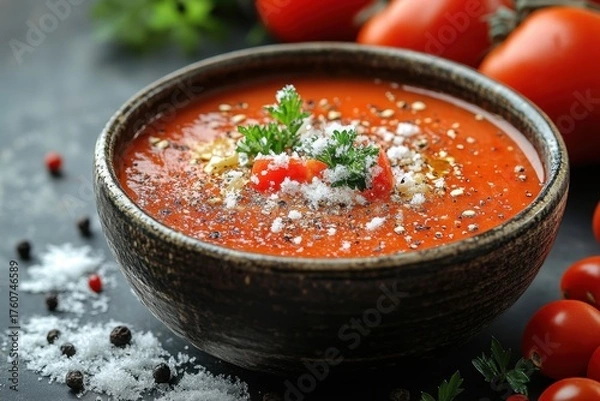 Fototapeta Bowl of tomato soup garnished with parmesan and parsley.