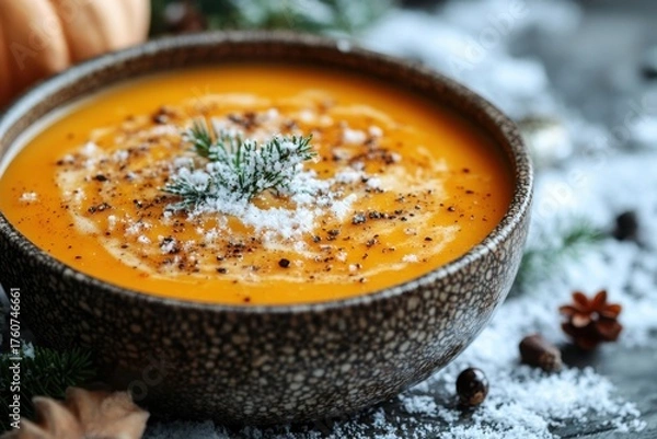 Fototapeta Bowl of pumpkin soup garnished with a sprinkle of cinnamon and spice.
