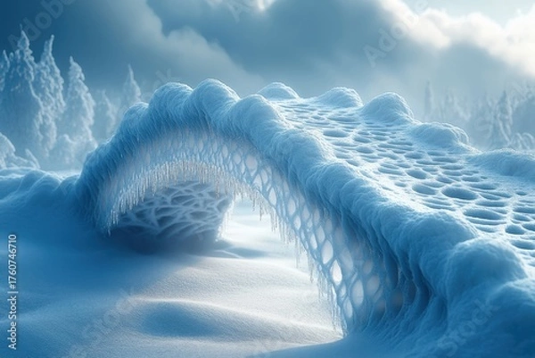 Fototapeta Snow-covered bridge in snowy landscape.