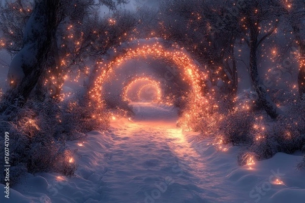 Fototapeta Snow-covered path illuminated by lights.