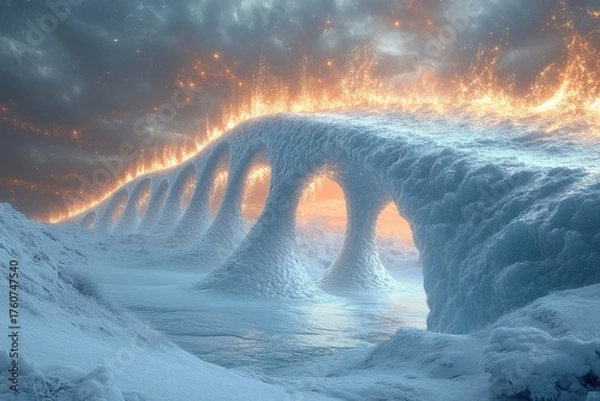 Fototapeta Massive arch of fire over ice-covered mountain.