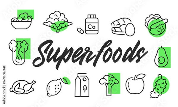 Fototapeta Superfoods poster. Superfoods poster design with healthy icons. Broccoli, Avocado, Lemon, Apple, Salad icons. Simple poster for presentations, covers. Banner template. Vector illustration.
