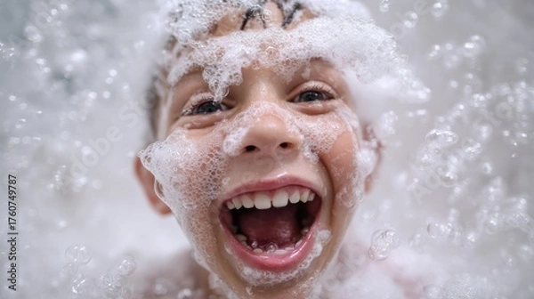 Obraz joyful boy covered in bubbles laughing in shower