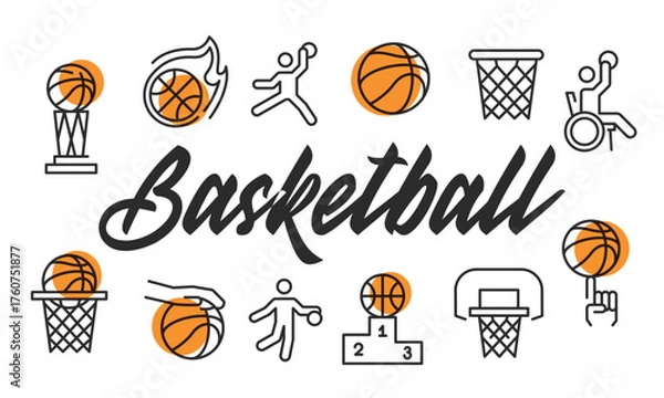 Fototapeta Basketball poster. Basketball poster design with Ball, Hoop, Player, Trophy, and Podium icons. Simple poster for presentations, covers. Banner template. Vector illustration.