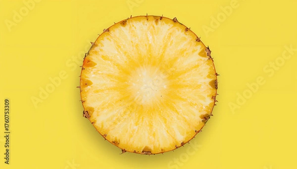 Fototapeta A thick, circular slice of pineapple with a contrasting spiky rind edge