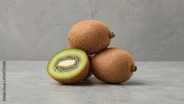 Fototapeta Stack of three whole fuzzy kiwis, one slightly angled, on a polished concrete surface