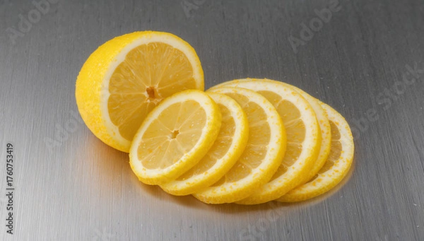 Fototapeta A bright yellow lemon, freshly cut into thin slices, fanned out on a reflective stainless steel surface