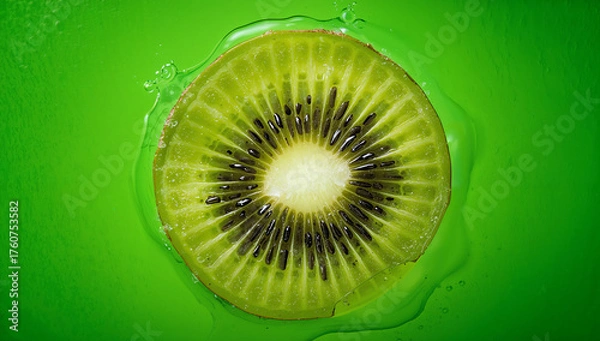 Fototapeta A single, perfectly halved kiwi, showing its emerald green flesh, black seeds, and white core