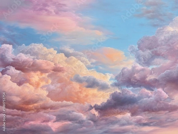 Obraz Vibrant Pastel Cloud Panorama: Expansive Sky with Dynamic Pink, Orange, and Blue Cloud Formations, Illuminating a Wide and Colorful Natural Scene