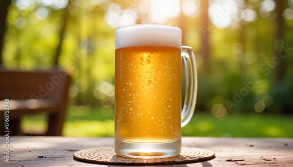 Obraz Cold beer in glass mug with foam on wooden table outdoors  