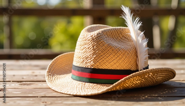 Fototapeta Straw hat with feather resting on wooden table in sunny outdoor setting  