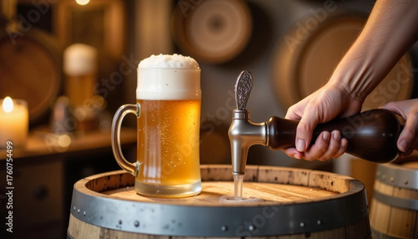 Fototapeta Beer being poured from tap into glass on wooden barrel background  