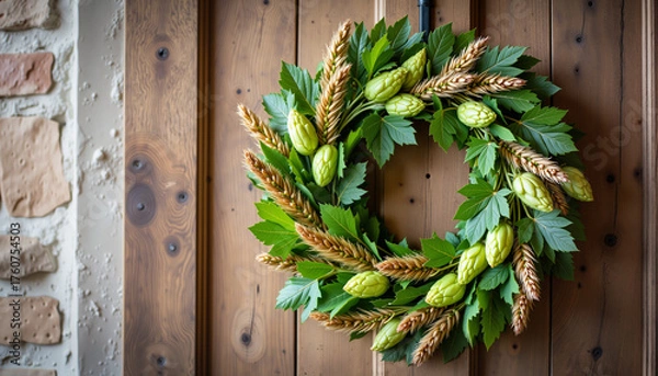 Fototapeta Green foliage wreath hanging on rustic wooden door background  