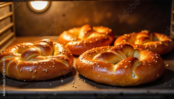 Fototapeta Freshly baked pretzels with sesame seeds in the oven  