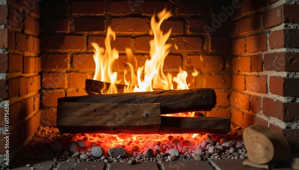 Fototapeta Cozy fireplace with glowing flames and burning logs in brick setting  