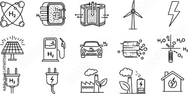 Fototapeta Hydrogen Fuel Cell & Alternative Energy Black Silhouette Line Icon Set: H2 Atom, Fuel Cell Stack, Filling Station, and Electrolysis Diagram Vectors.