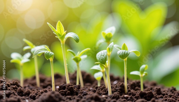 Fototapeta Young plant sprouts emerging from rich soil in blurred green background  