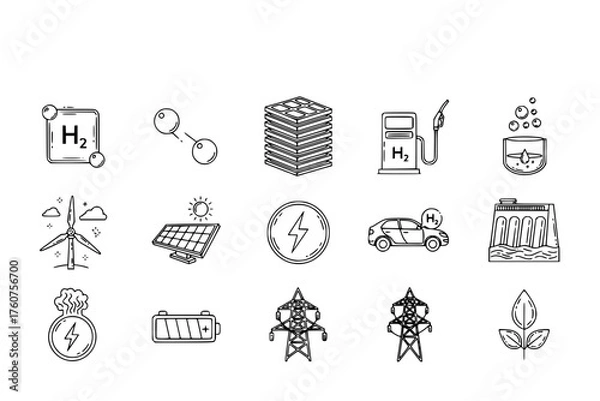 Fototapeta Hydrogen Fuel Cell & Alternative Energy Black Silhouette Line Icon Set: H2 Atom, Fuel Cell Stack, Filling Station, and Electrolysis Diagram Vectors.
