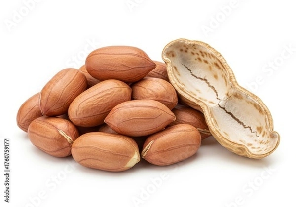 Fototapeta Pile of Shelled Peanuts and Open Empty Shell on White Background Studio Shot for Healthy Snack Concepts