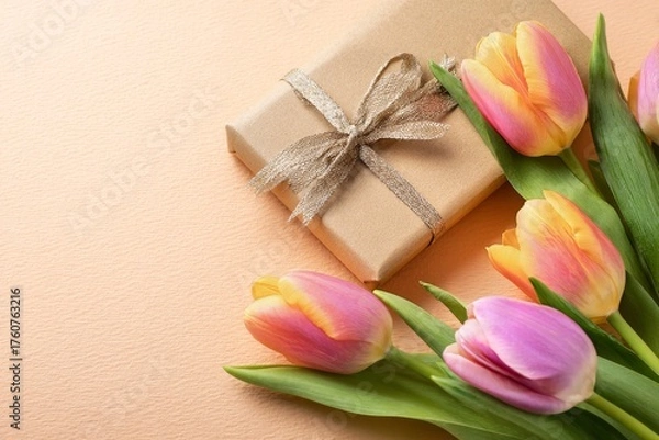 Fototapeta Fresh Tulips Next to a Beautifully Wrapped Gift on a Soft Pastel Background