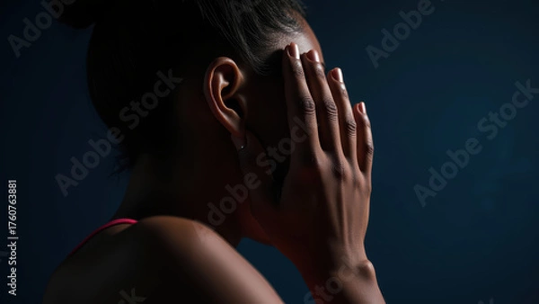 Fototapeta Person covering their face with their hand, expressing emotions in dimly lit environment. focus is on silhouette and contrast of light and shadow