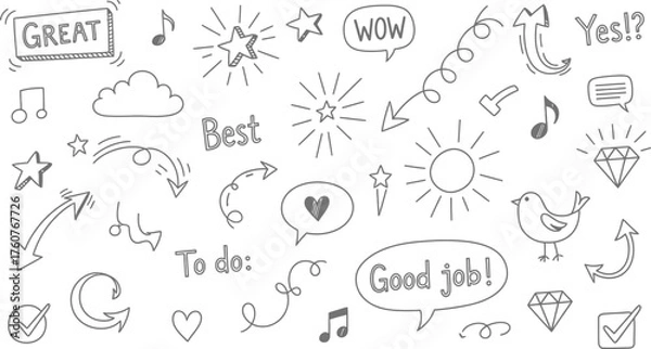 Fototapeta Hand Drawn Doodle Elements on White Background, Arrows, Star, Diamond, Text