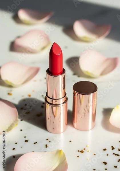 Fototapeta A close up of red lipstick with rose gold casing surrounded by scattered rose petals on white surface