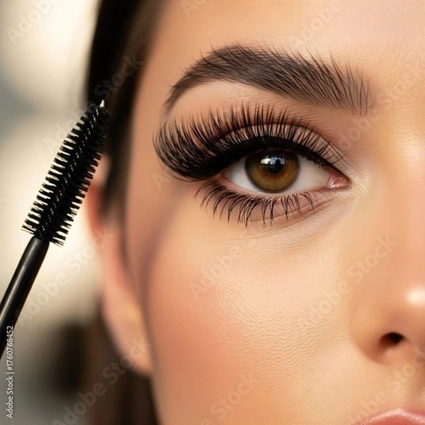 Fototapeta A close up of a woman's face with long eyelashes and a mascara wand near her eye detail image
