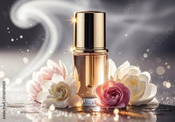 Fototapeta A golden serum bottle surrounded by pink and white flowers with a blurred background design element