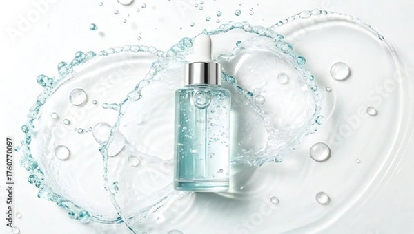 Fototapeta A clear serum bottle with a dropper surrounded by splashing water on a white background surface