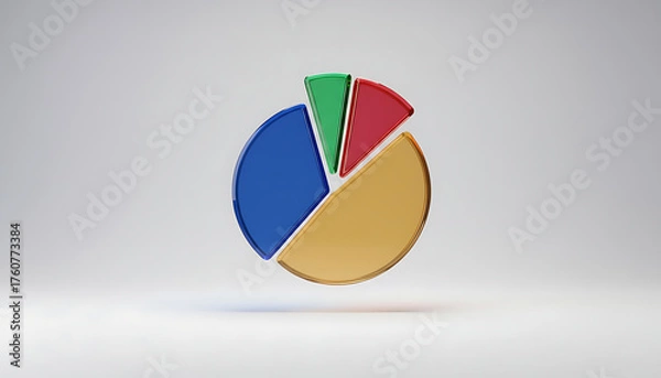 Fototapeta 3D pie chart with four colorful glass segments, symbolizing business data, statistics, market share, and financial analysis on a minimalist white background.