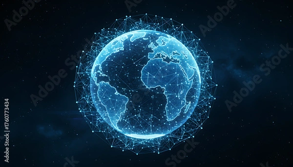 Fototapeta Futuristic digital Earth globe with a glowing plexus network, symbolizing global connection, internet, big data, and globalization on a dark background.
