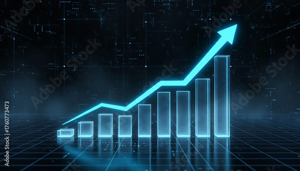 Fototapeta Futuristic digital bar chart with a glowing blue arrow pointing up, symbolizing business growth, financial success, and stock market increase on a dark technology background.