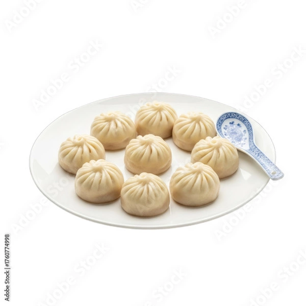 Fototapeta Steamed Dumplings on White Plate with Spoon isolated on a transparent background