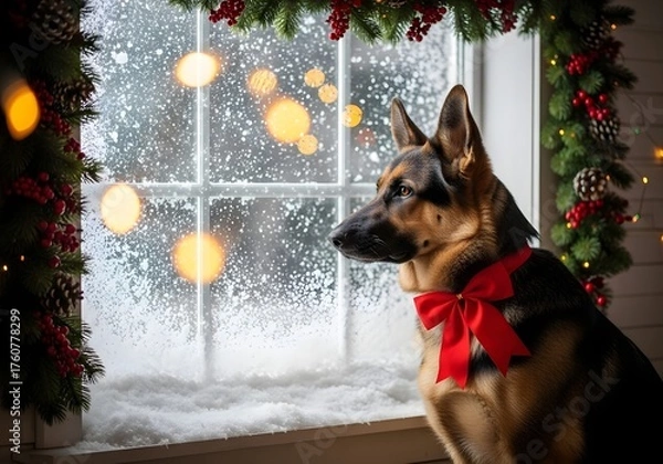 Fototapeta German shepherd with a red bow looks out the window at the snow falling outside during the christmas holiday season