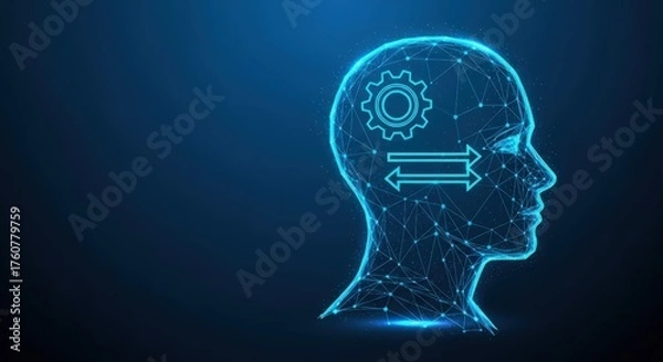 Fototapeta Glowing AI head with gear and arrows for data processing
