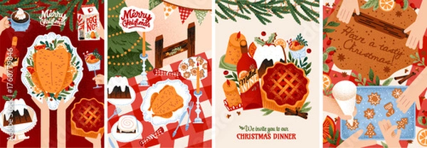 Fototapeta Cozy Christmas dinner vector illustration with festive food, turkey, mulled wine, pie, table setting, gingerbread making, cooking, eggnog, dessert for greeting card, invitation, poster and background
