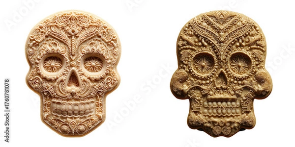 Fototapeta Two ornate sugar skulls with intricate patterns isolated on a transparent background