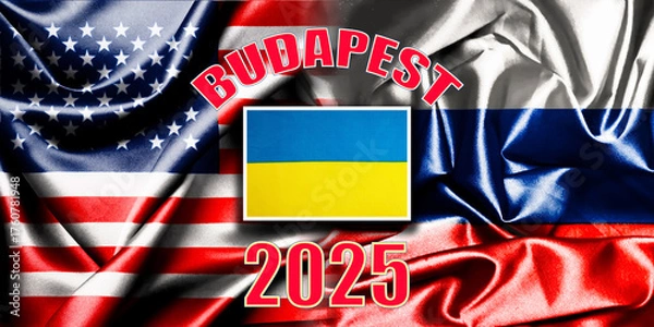 Fototapeta National flags of Russia, the USA, and Ukraine. Budapest Summit 2025. Flags.