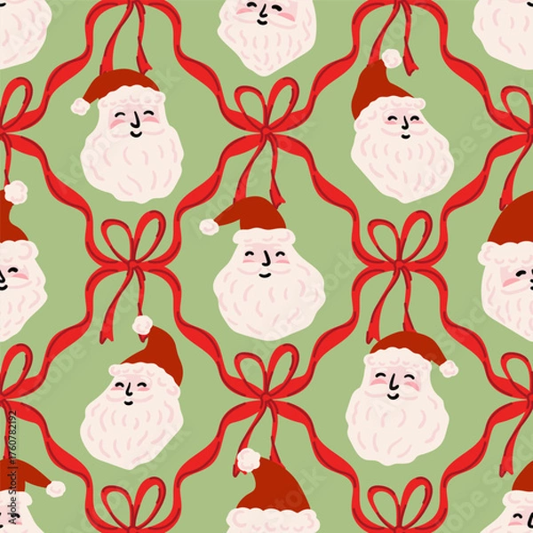 Fototapeta Christmas Santa Claus face preppy coquette bows seamless pattern for wrap, textile