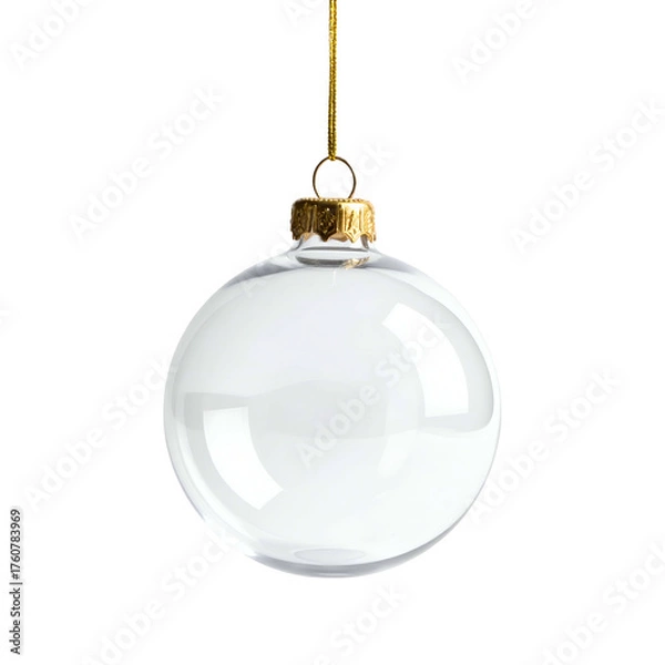 Fototapeta Clear, round ornament hanging from gold string on a black background