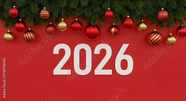 Fototapeta Festive red background with greenery and ornaments celebrating the new year 2026