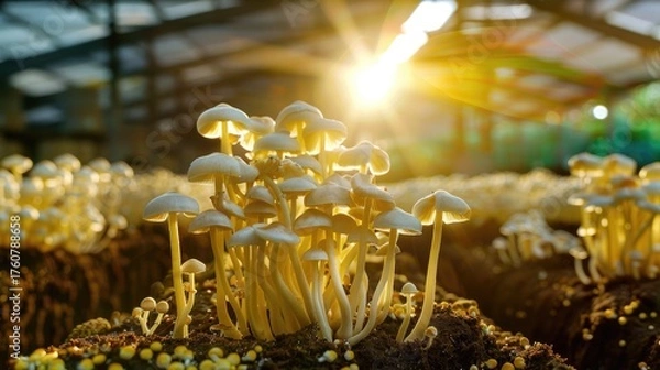 Fototapeta Fresh Mushrooms Growing in a Serene Farm Environment with Beautiful Backlight and Natural Light Effects