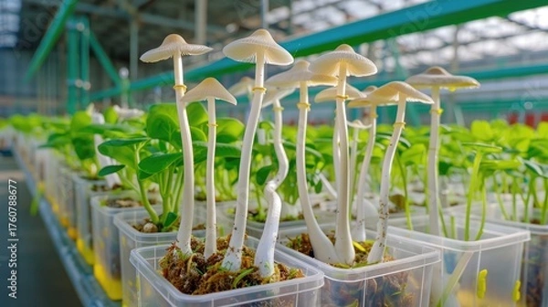 Fototapeta White Mushroom Cultivation in Greenhouse with Young Plants Growing in Transparent Containers