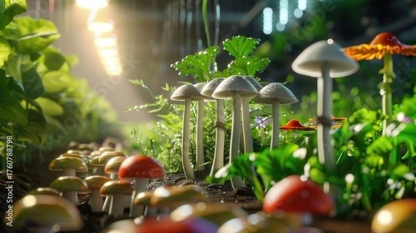 Fototapeta Lush Green Life Among Vibrant Mushrooms and Colorful Flora Illuminated in a Serene Garden Setting