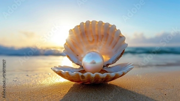 Fototapeta Beautiful seashell with lustrous pearl resting on sandy beach during sunset with ocean waves in background