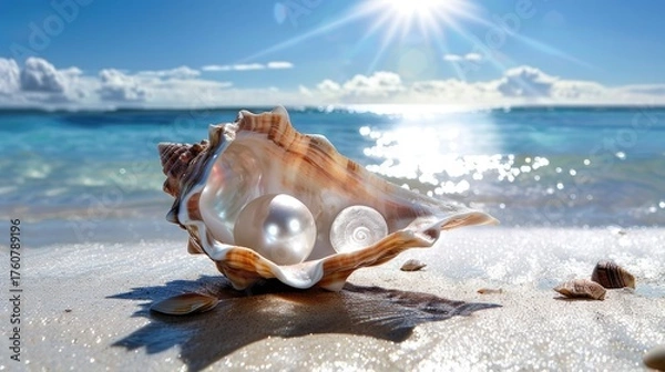 Fototapeta Beautiful seashell with pearls on sandy beach under a bright sun with gentle waves and sparkling ocean in the background